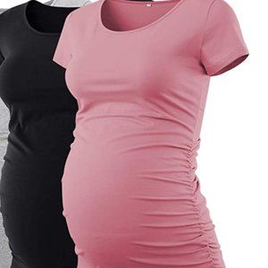 LOT of 2 Women's Maternity Tops Short Sleeve Round Neck - Pink, Black XL